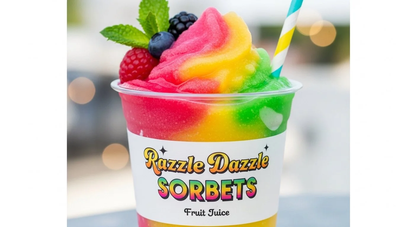 A clear cup filled with rainbow-colored sorbet topped with fresh berries and a mint leaf, with a striped straw. The cup has a label reading "Razzle Dazzle Sorbets Fruit Juice."