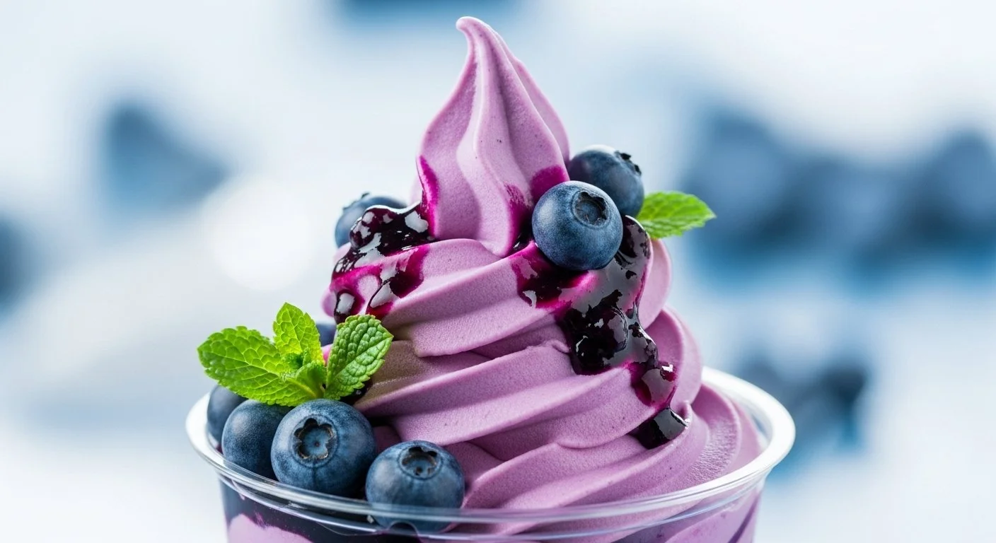 A cup of purple soft-serve ice cream topped with blueberries, mint leaves, and berry syrup, against a blurred blue background.
