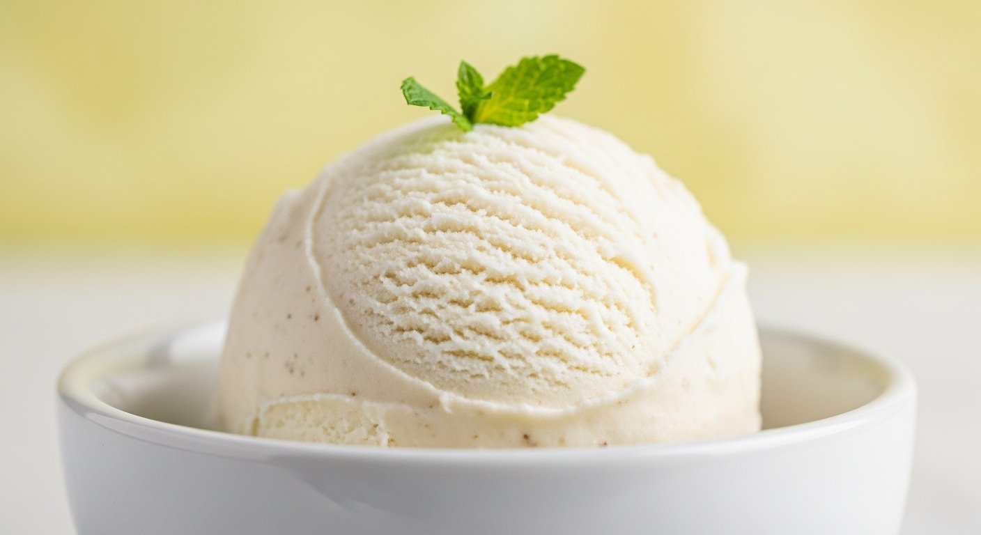A scoop of vanilla ice cream garnished with a mint leaf in a white bowl.