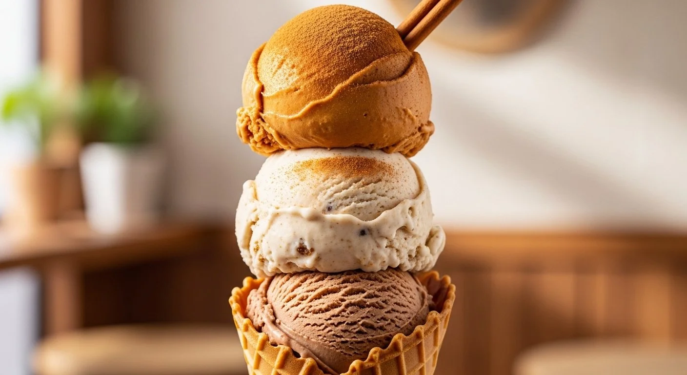 Stack of three ice cream scoops in a waffle cone with a wooden spoon on top, set against a blurred indoor background.