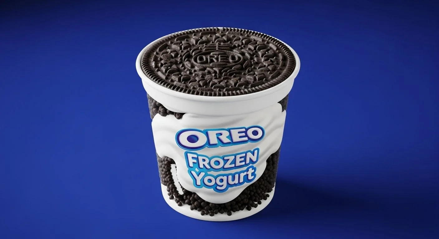 A container of Oreo Frozen Yogurt with a chocolate Oreo cookie on top, set against a blue background.