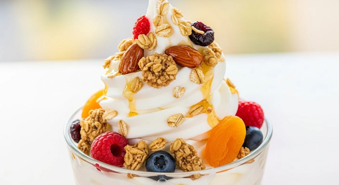 A dessert topped with whipped cream, granola, almonds, dried apricots, blueberries, raspberries, and a drizzle of honey in a glass bowl.