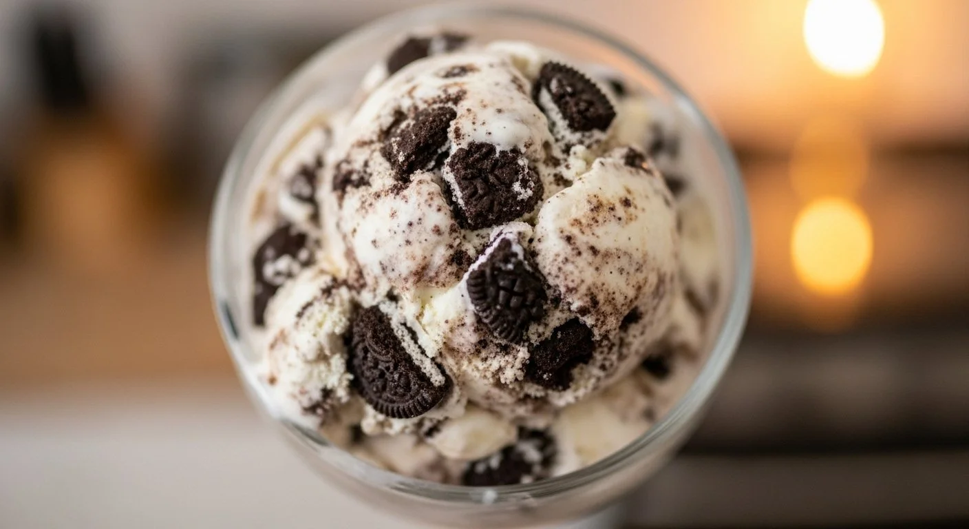 A glass bowl filled with cookies and cream ice cream topped with crushed Oreo cookies.