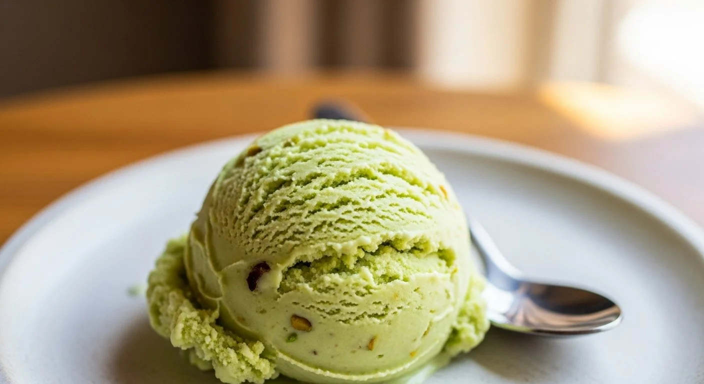 A scoop of green pistachio ice cream with small nut pieces in a white bowl, partly on a silver spoon, on a wooden table.