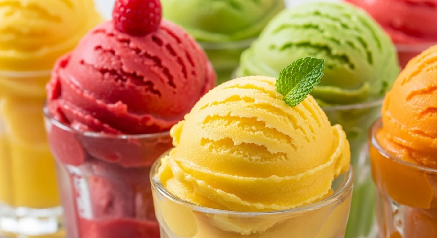Colored scoops of ice cream topped with a mint leaf and a berry in clear glass bowls.