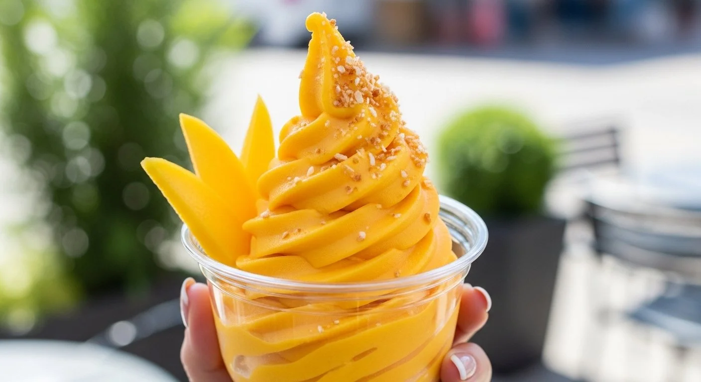 Soft serve mango ice cream in a clear cup with mango slices on the side, sprinkled with small bits of crushed topping.
