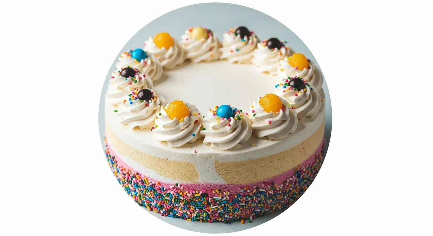 Decorated ice cream cake with white frosting, colorful sprinkles, and dollops of whipped cream topped with yellow, blue, and chocolate candies.