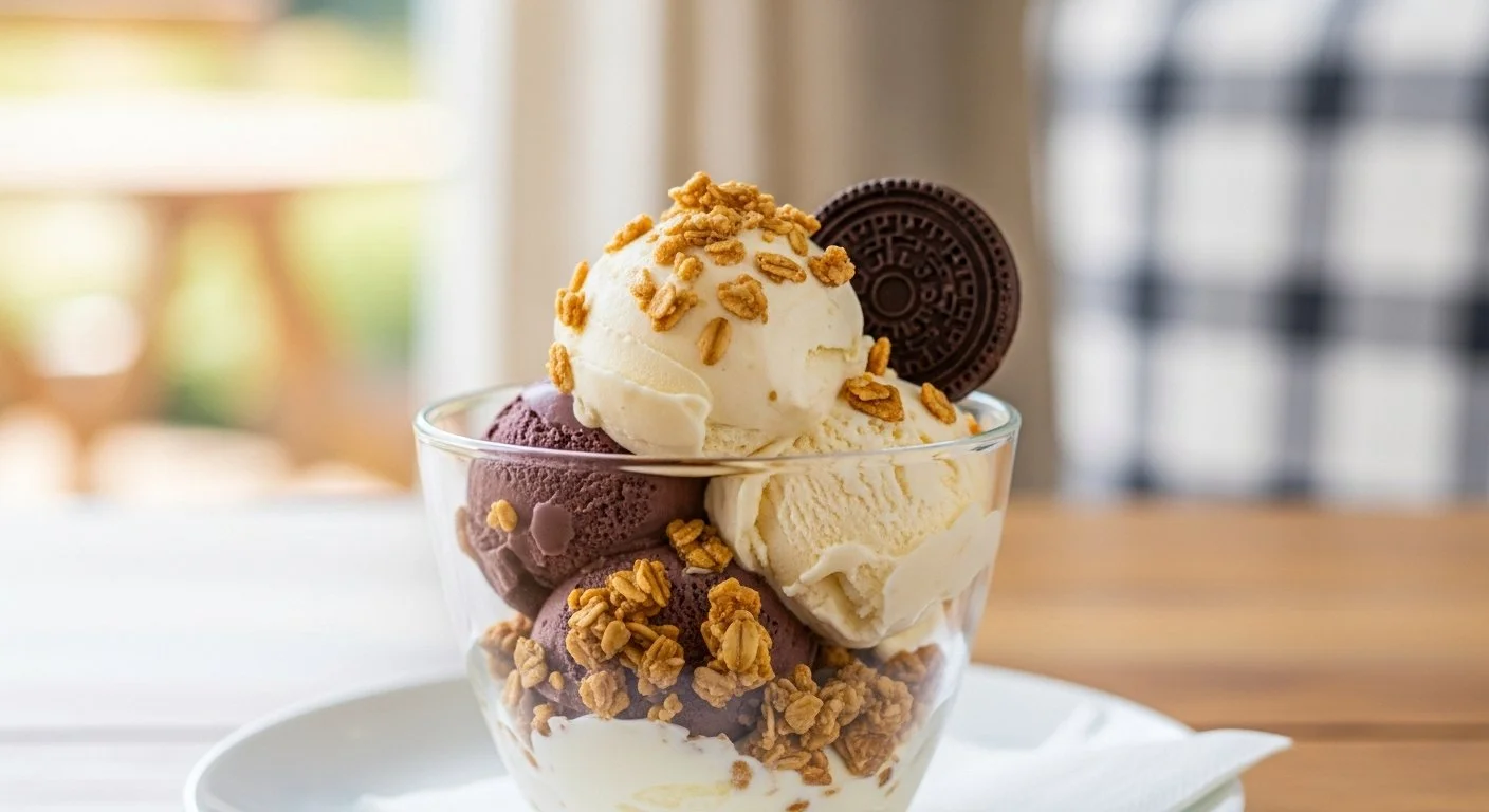A glass bowl filled with scoops of vanilla and chocolate ice cream, topped with granola and a chocolate wafer, sitting on a white plate on a wooden table.