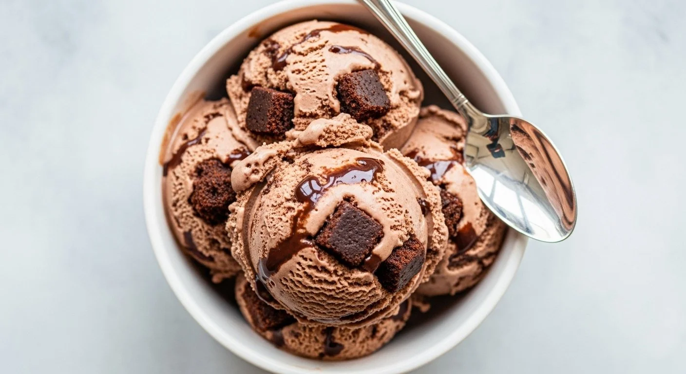 Scoops of chocolate ice cream with chocolate chunks and chocolate syrup in a white bowl, with a metal spoon resting on the edge.