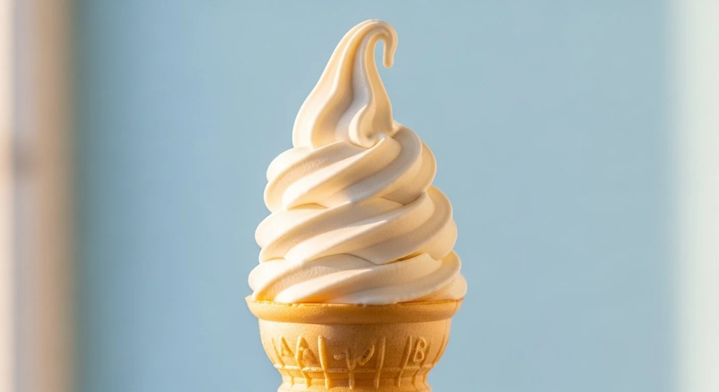 A vanilla soft serve ice cream cone in a waffle cone with a swirl on top, against a light blue background.