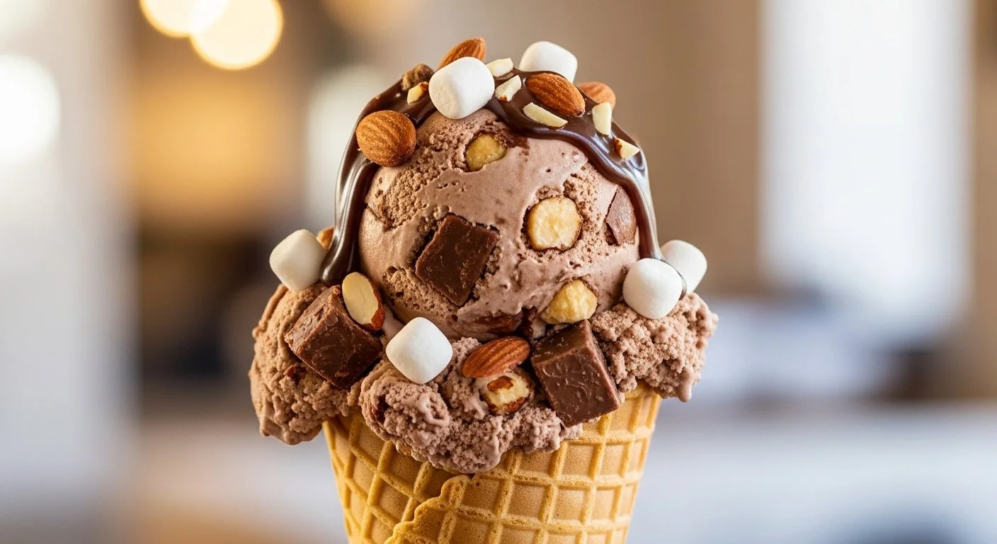 Two scoops of chocolate ice cream topped with chocolate syrup, mini marshmallows, almonds, and brownie chunks in a waffle cone.