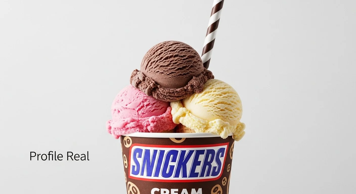 Three scoops of ice cream in a Snickers-branded cup, with a striped straw, against a plain gray background.