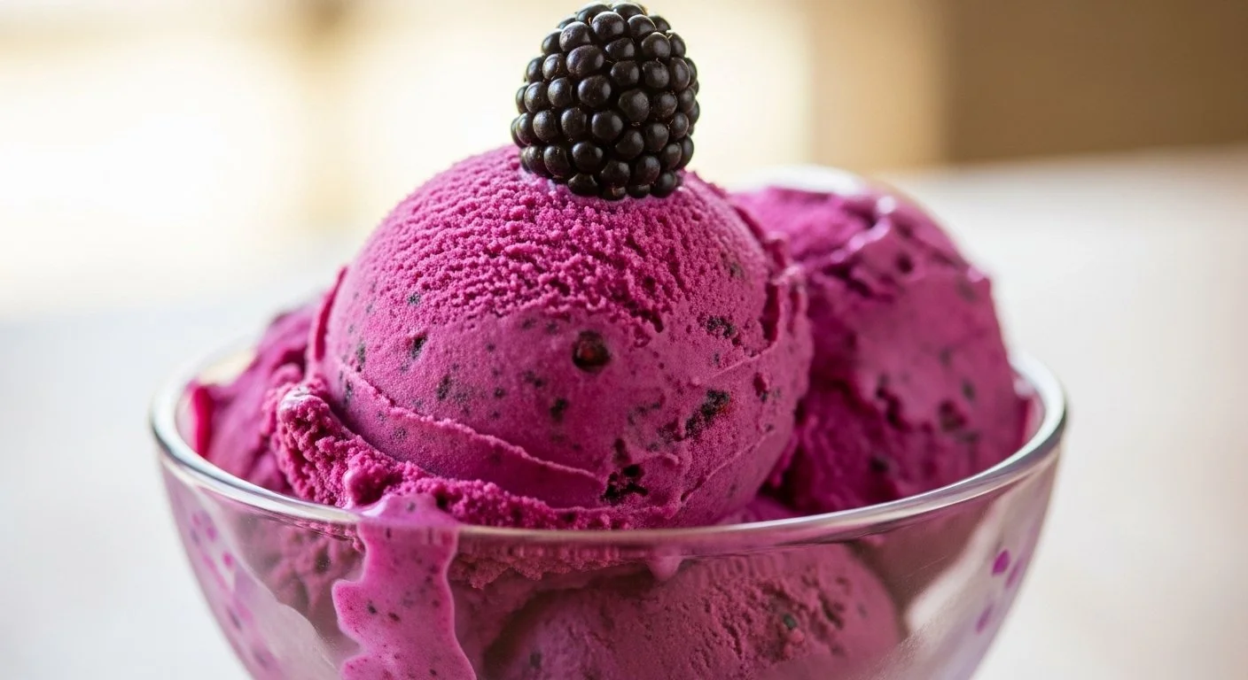 A bowl of vibrant purple blackberry ice cream with a blackberry topping.