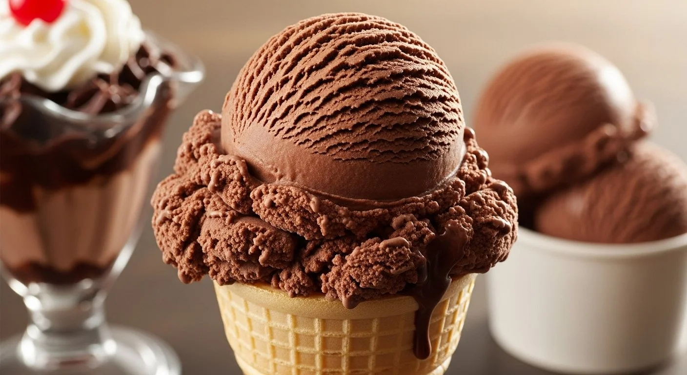 Close-up of a scoop of chocolate ice cream in a waffle cone, with a chocolate chip cookie around the scoop, topped with chocolate sauce. In the background, a cup of more chocolate ice cream balls and a dessert in a glass cup with whipped cream and chocolate shavings are visible.