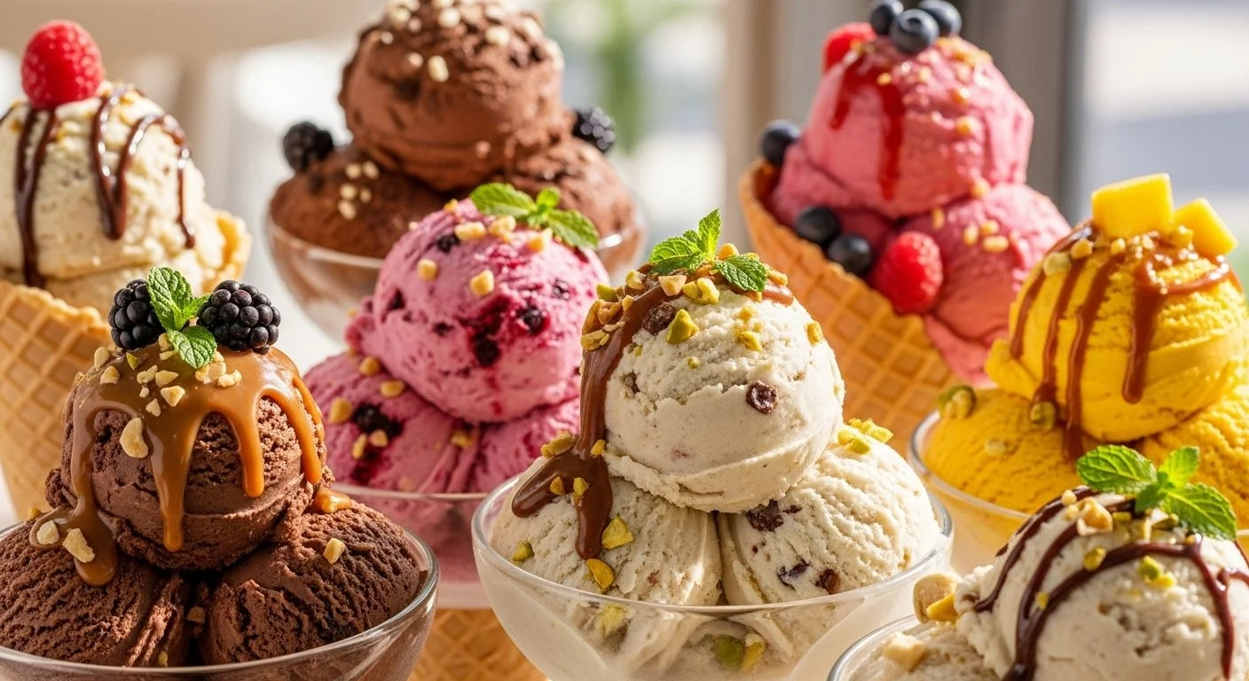 Assorted ice cream scoops topped with fruits, chocolate, nuts, and mint leaves in clear bowls.