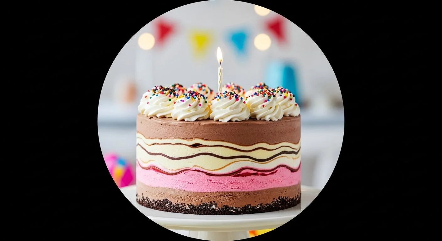 Colorful layered birthday cake with white frosting and sprinkles, topped with a lit birthday candle, in front of a blurred background with bunting and decorations.