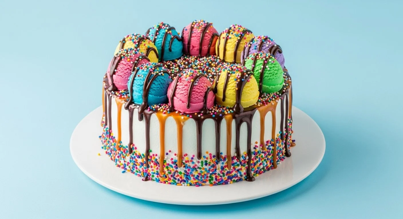 Colorful birthday cake decorated with rainbow-colored ice cream scoops, rainbow sprinkles, and chocolate drizzle on a white plate against a light blue background.