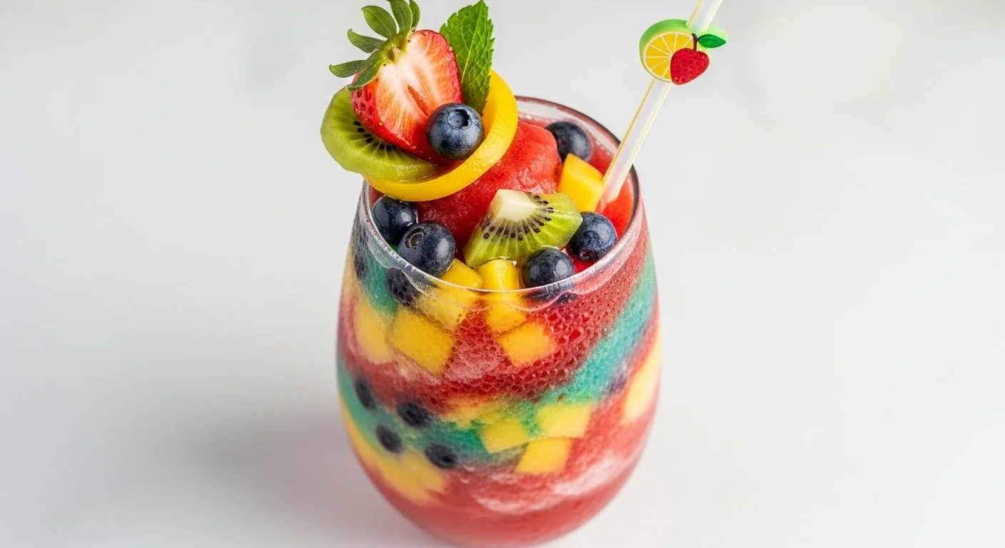A colorful beverage in a clear glass filled with sliced strawberries, blueberries, kiwi, mango, and other fruits, topped with a strawberry, blueberry, mint, and a fruit-themed cocktail pick.