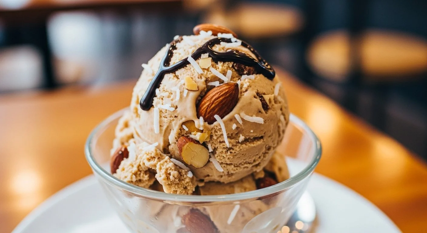 A scoop of caramel-colored ice cream topped with chocolate syrup, shredded coconut, almonds, and a pecan, served in a glass bowl on a white plate.