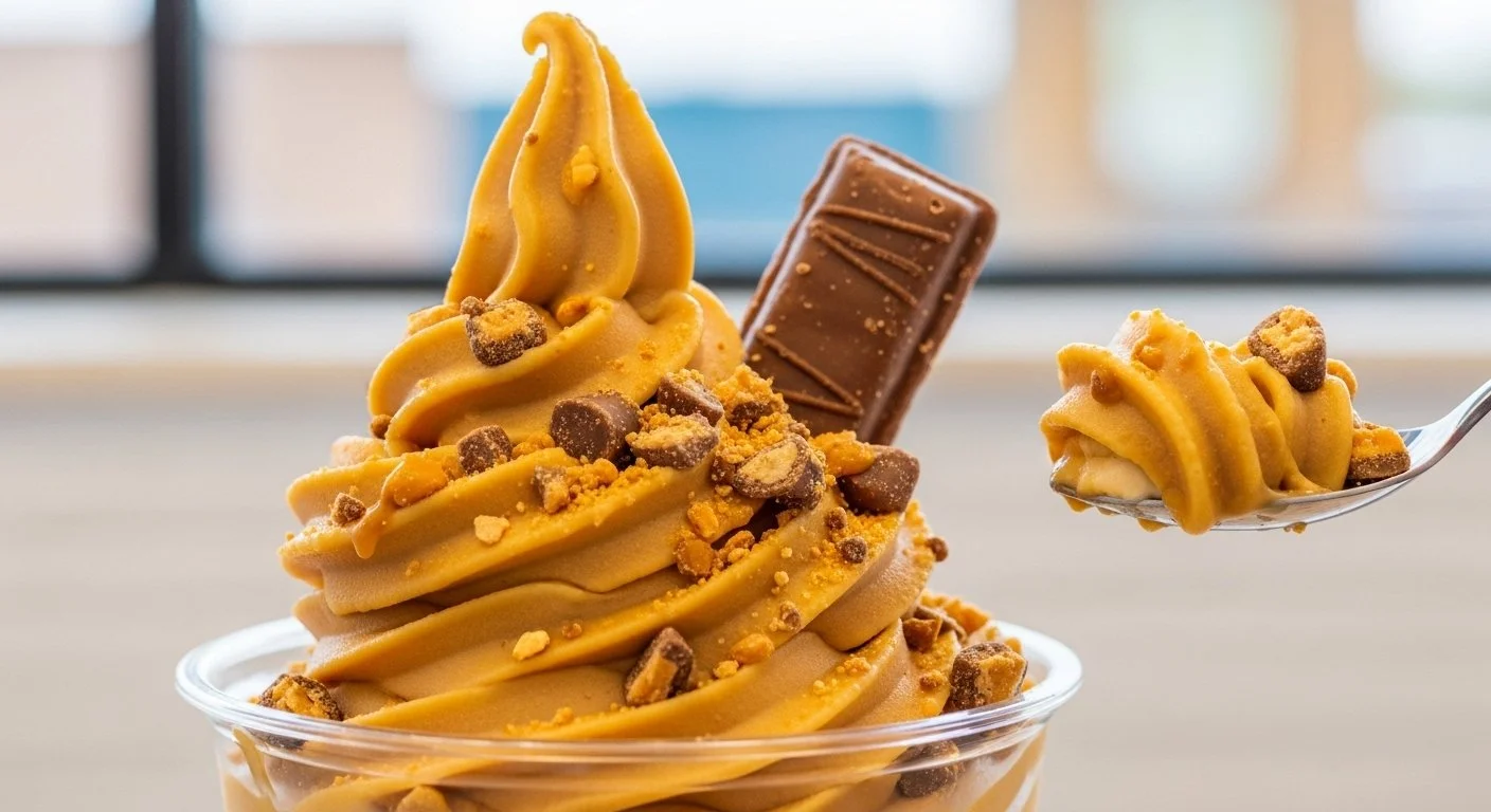 A bowl of caramel-flavored frozen soft-serve ice cream topped with crushed cookies, a piece of chocolate, and a swirl of soft-serve on a spoon.