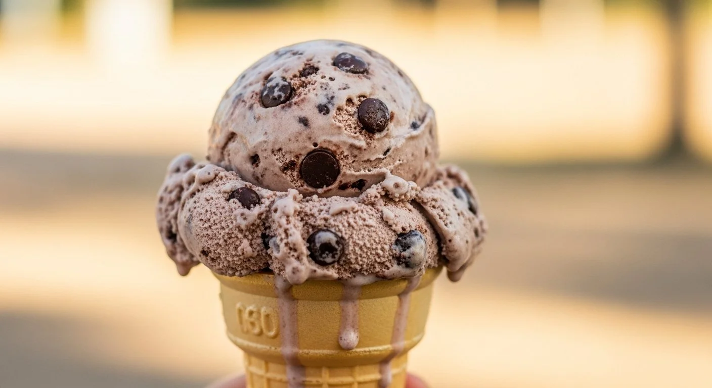 A close-up of a scoop of chocolate chip ice cream in a yellow ice cream cone with chocolate chips visible on the ice cream.