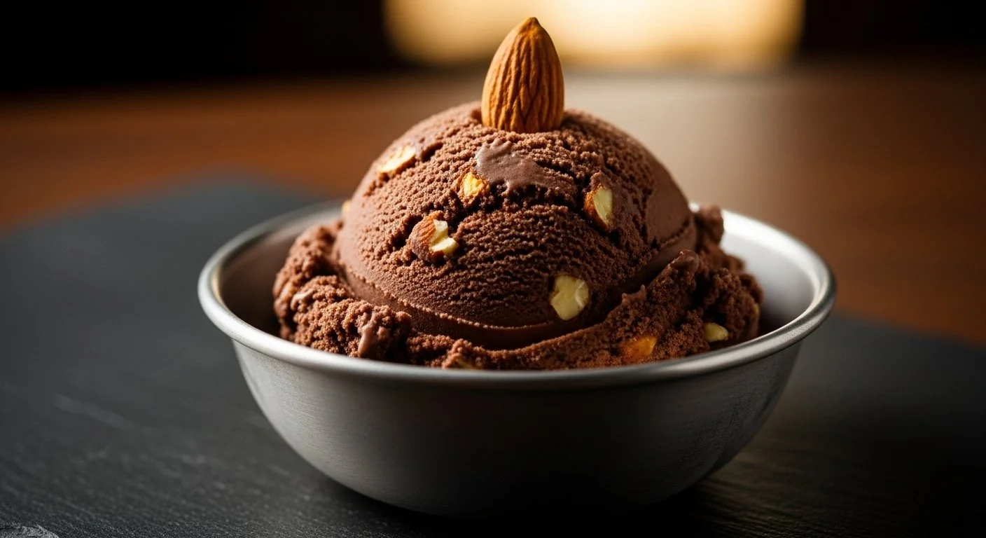 A bowl of chocolate ice cream with white almond pieces and a whole almond on top.