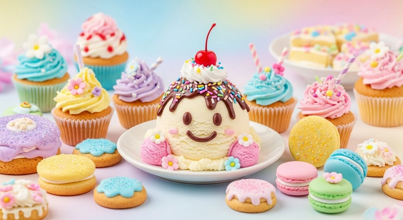 Colorful assortment of decorated cupcakes, cookies, and macarons with a large ice cream scoop designed to look like a smiling face, topped with a cherry, sprinkles, and chocolate drizzle.