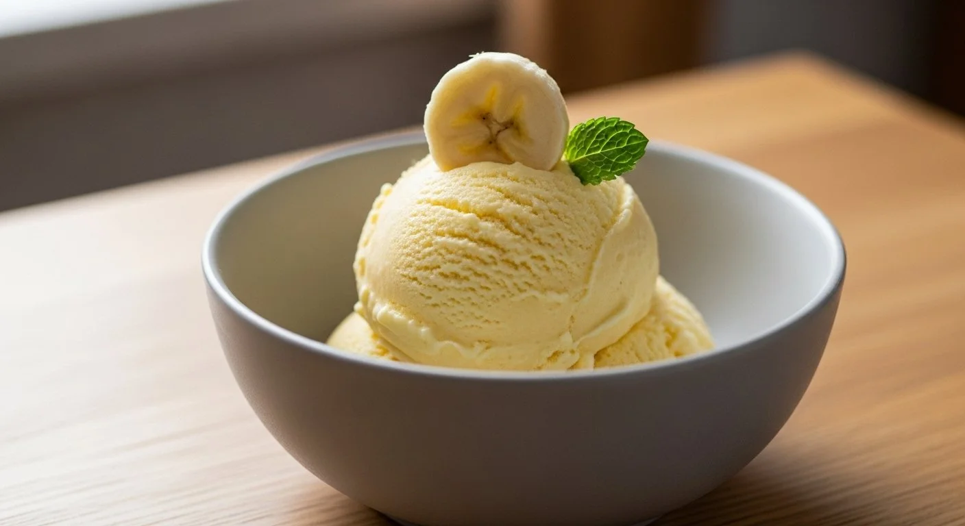 A white bowl with two scoops of vanilla ice cream garnished with a banana slice and a mint leaf.