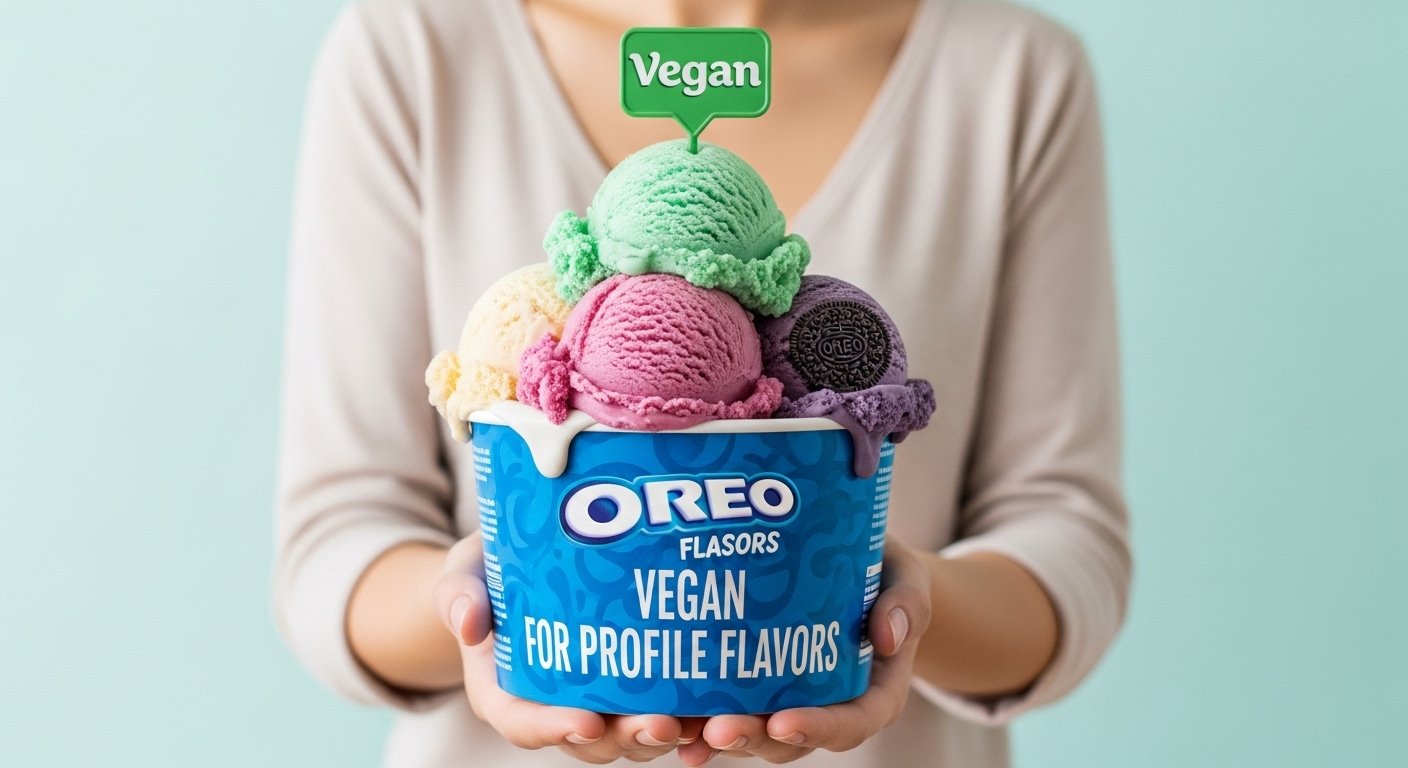 Person holding a container of colorful vegan ice cream with Oreo cookies, labeled "Oreo Flavors Vegan for Profile Flavors," and a green "Vegan" sign on top.