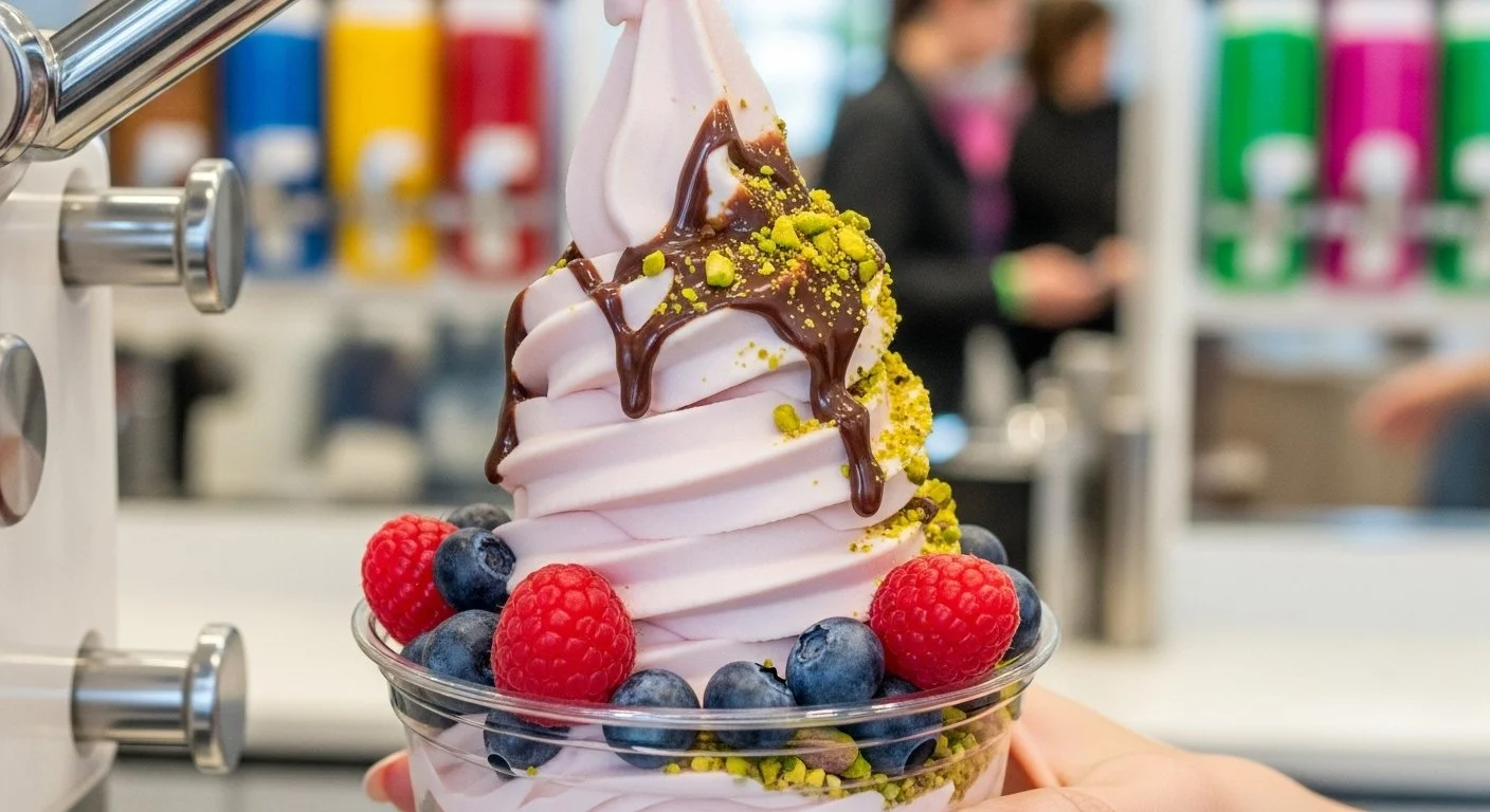 A soft serve ice cream topped with chocolate sauce and sprinkled with crushed pistachios, garnished with raspberries and blueberries in a clear cup.