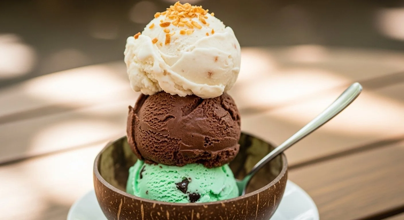 Three scoops of ice cream stacked in a bowl, with white, chocolate, and green flavors, garnished with nuts and served with a metal spoon on a wooden table.