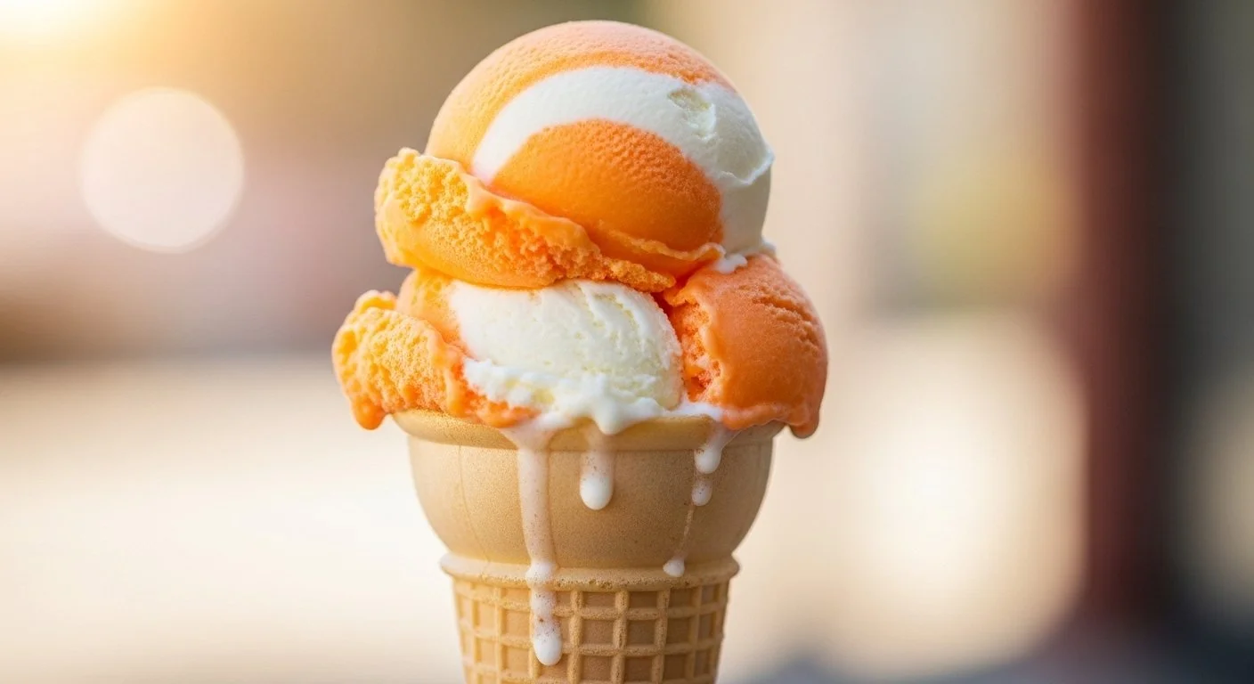 A cone of mango and vanilla ice cream with melting drips.