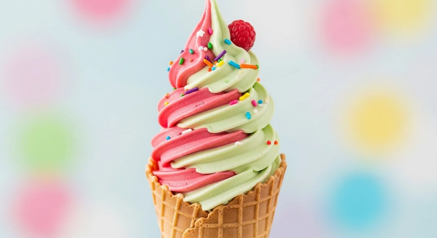 A soft-serve ice cream in a waffle cone with pink and green swirl, topped with a raspberry and colorful sprinkles.
