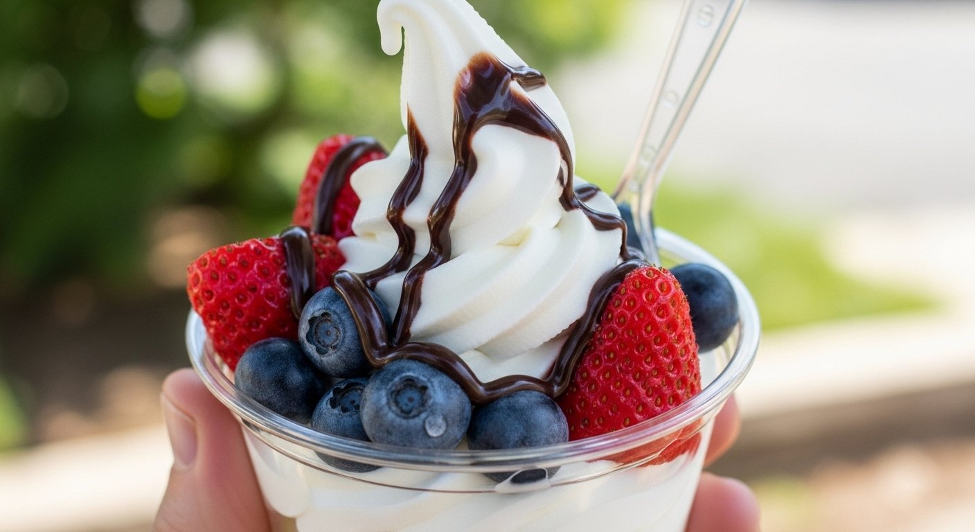 A clear cup of vanilla soft serve ice cream topped with strawberries, blueberries, and chocolate syrup, held by a person's hand outdoors.