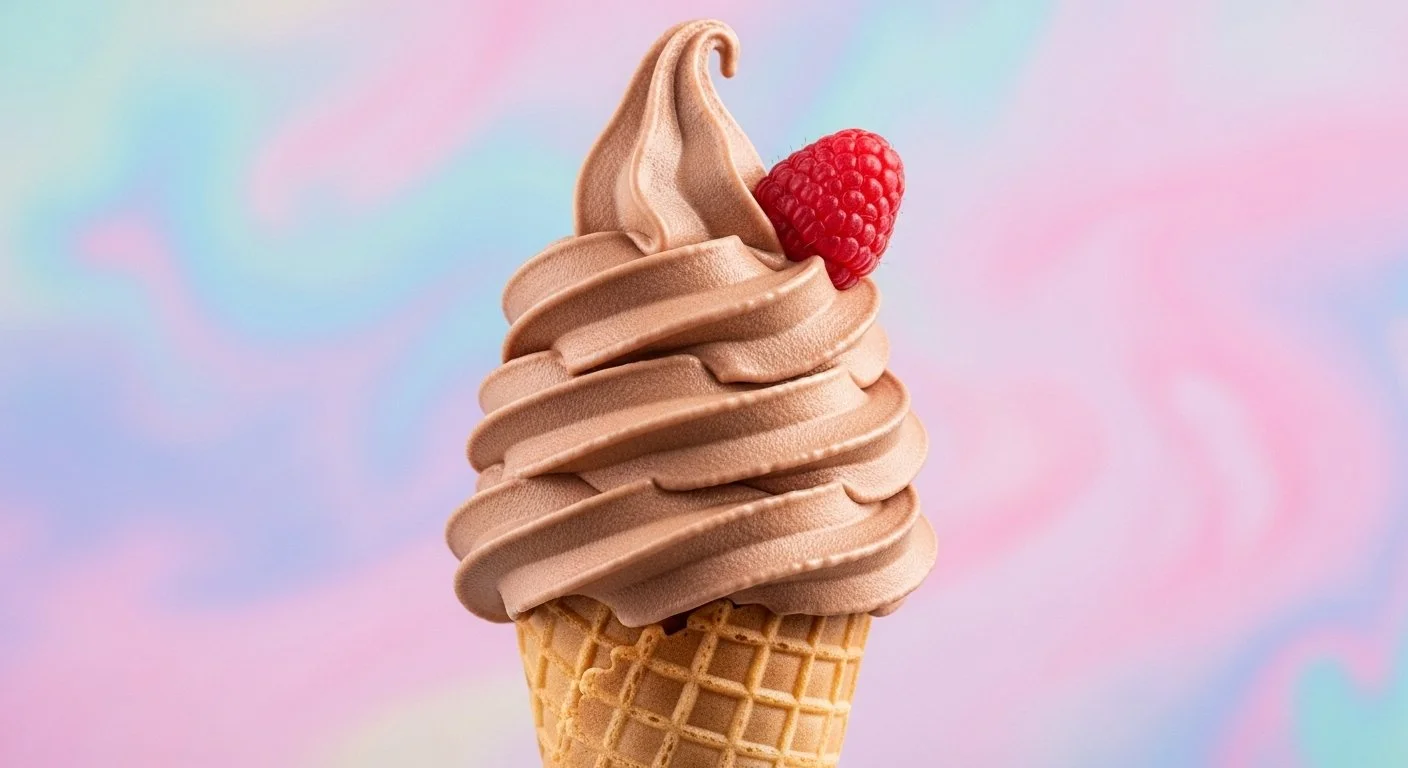 Chocolate soft serve ice cream in a cone with a raspberry on top against a pastel tie-dye background.