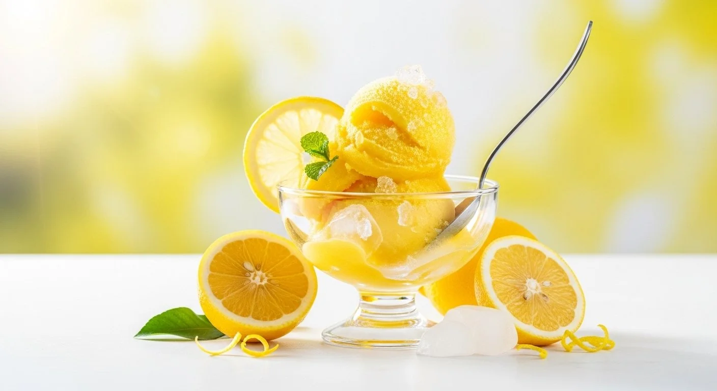 Lemon flavored frozen dessert with lemon slices, mint garnish, and ice in a glass bowl on a white surface with a blurred yellow-green background.