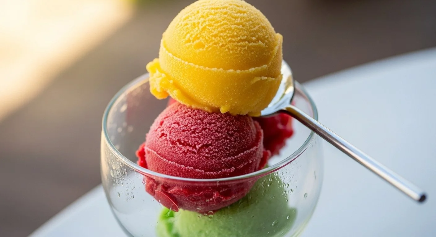 Three scoops of ice cream in a glass bowl, with a yellow scoop on top, a red scoop in the middle, and a green scoop at the bottom, with a spoon resting on the ice cream.