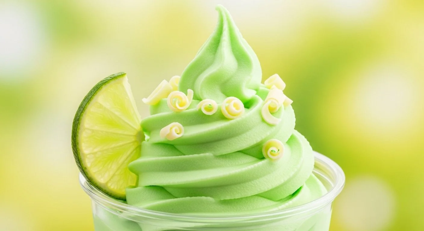 Lime-flavored soft serve ice cream in a clear cup, decorated with a lime wedge and yellow and white swirl toppings.
