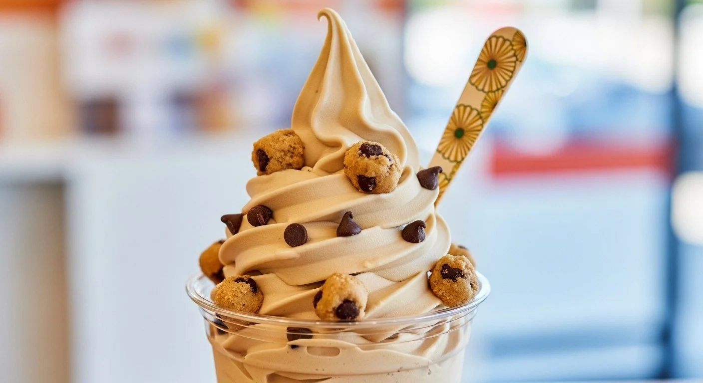 A cup of soft serve ice cream topped with mini chocolate chip cookies, chocolate chips, and a decorative floral patterned spoon.