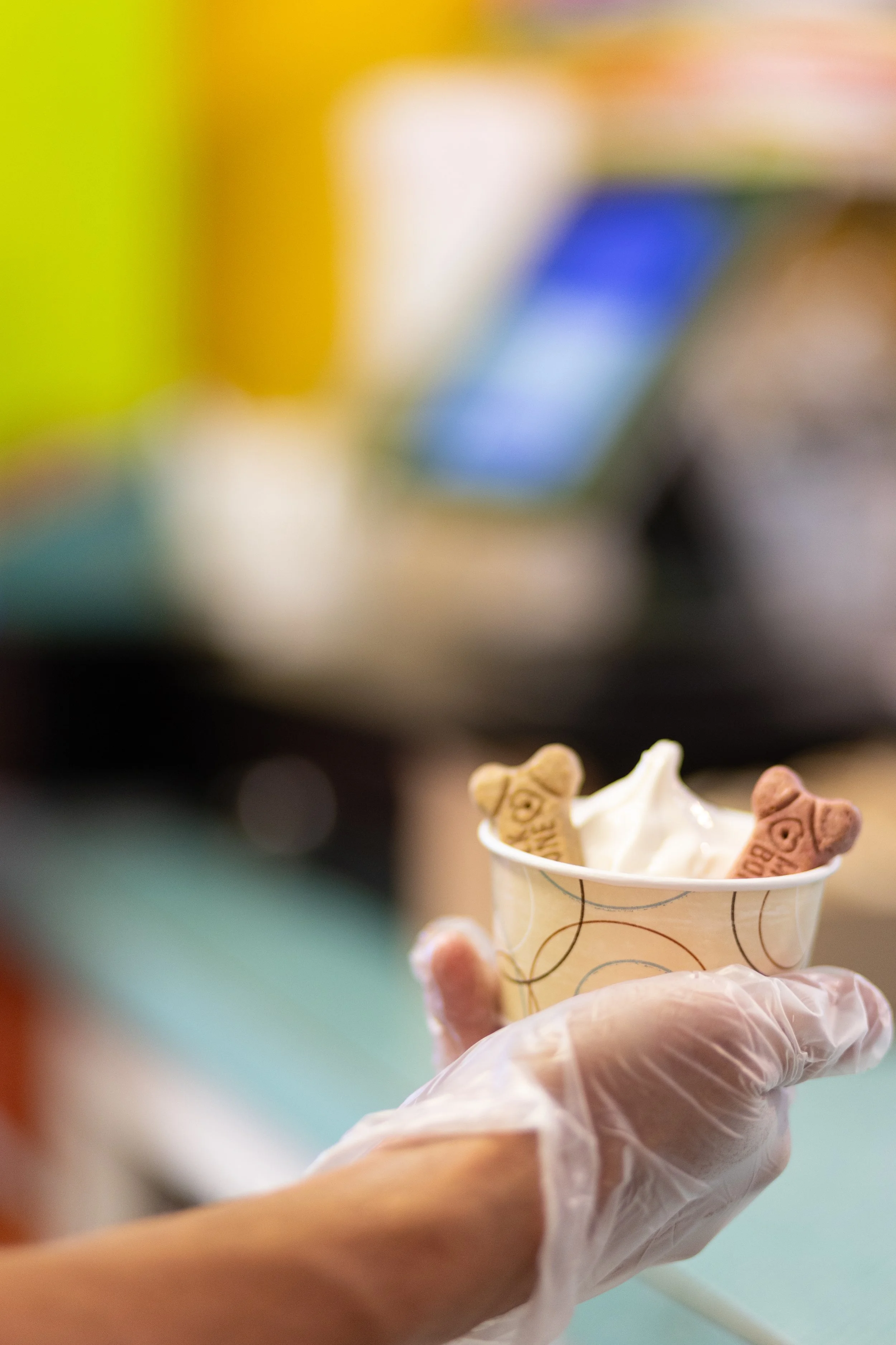 A person wearing a clear plastic glove holding a paper cup of soft serve ice cream with teddy bear-shaped cookies on top.