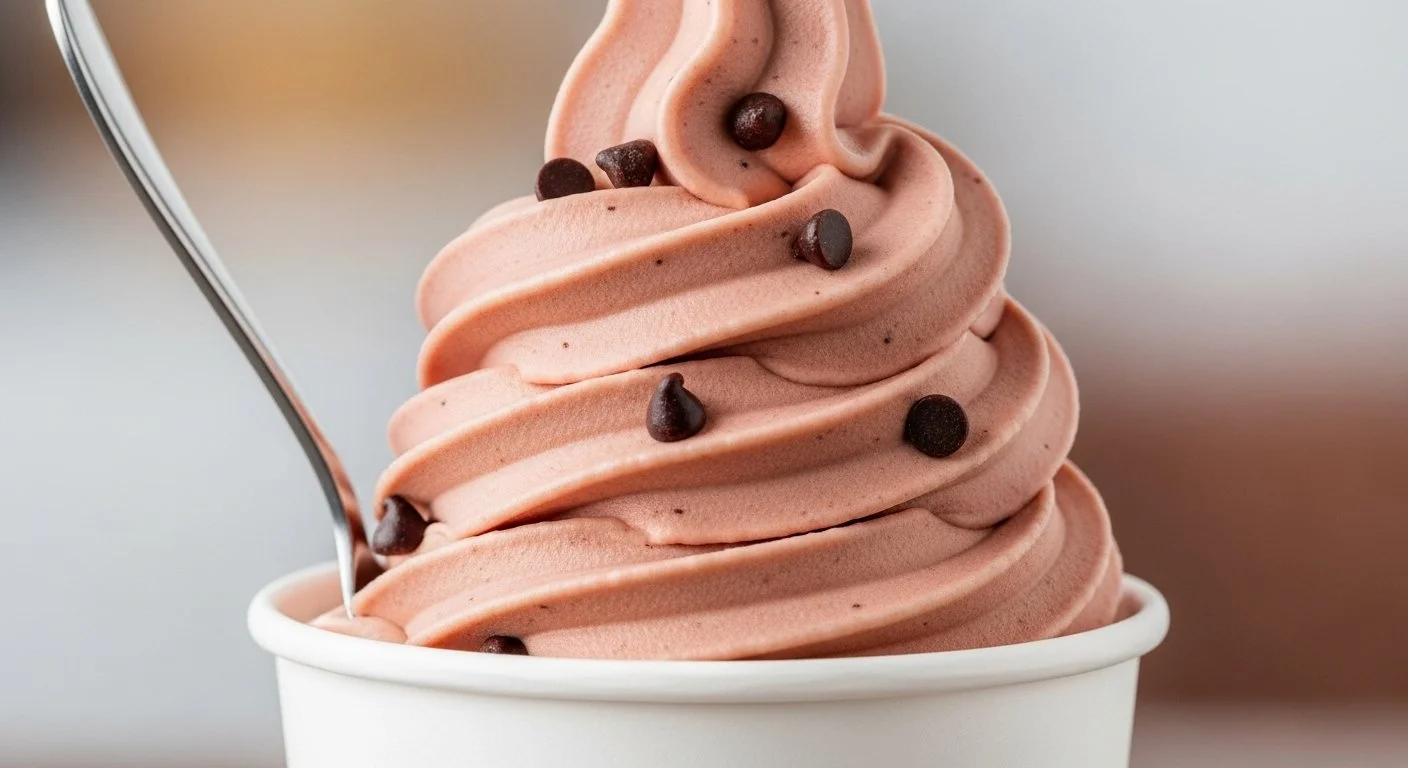 A scoop of pink chocolate or strawberry-flavored soft serve ice cream topped with small chocolate chips in a white cup with a spoon.