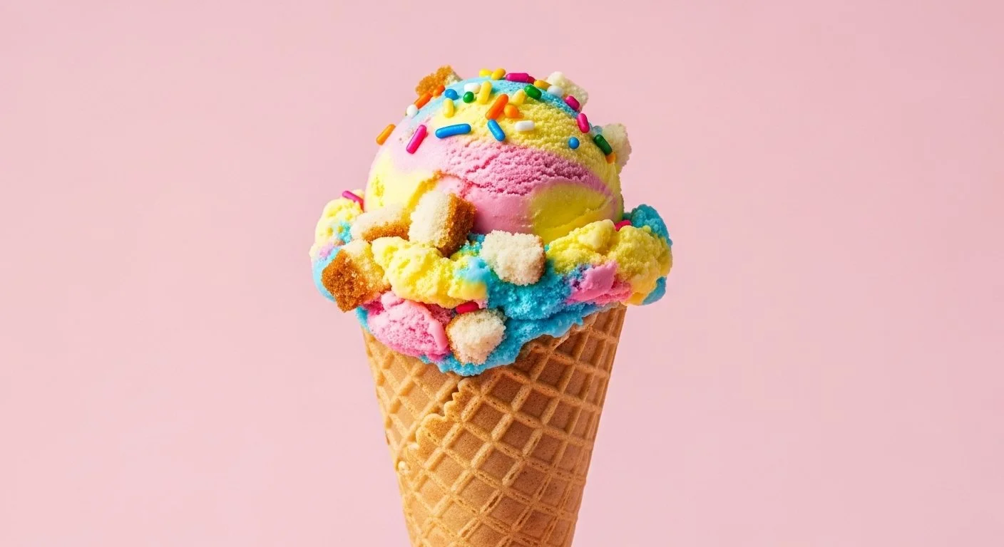 Colorful scoop of ice cream with rainbow sprinkles and crushed cookie pieces in a waffle cone against a pink background.