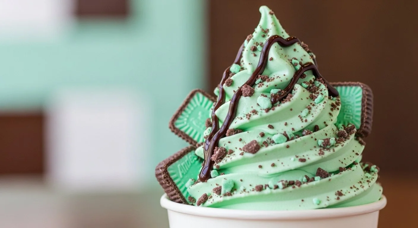 Mint chocolate soft serve ice cream topped with chocolate syrup, chocolate cookie pieces, and Oreos, served in a cup.
