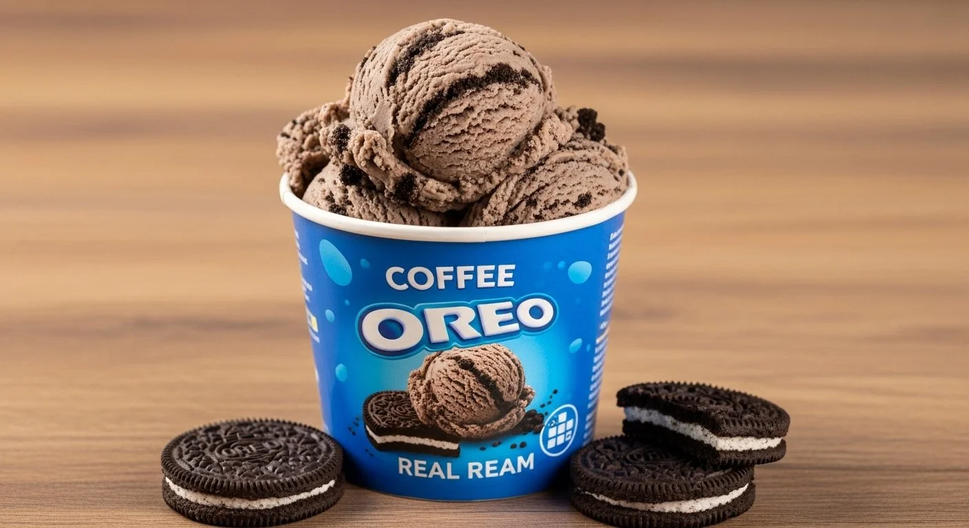 A blue container of Coffee Oreo ice cream with scoops on top, placed on a wooden surface with Oreo cookies around it.