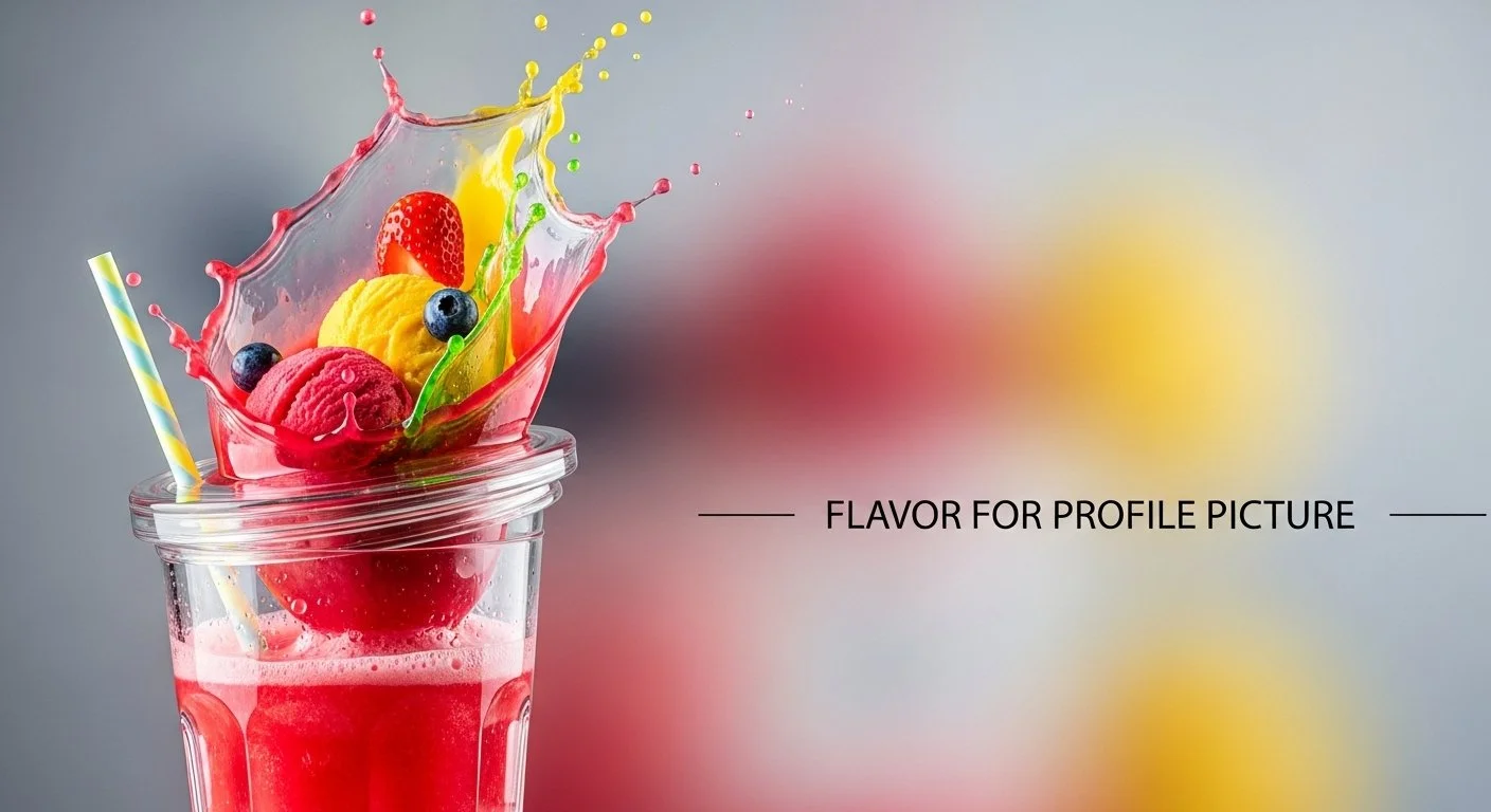 A clear jar with pink liquid and three scoops of ice cream topped with strawberries, blueberries, and a green leaf. There is a striped straw on the left side of the jar. Water splash effect around the ice cream and fruit.