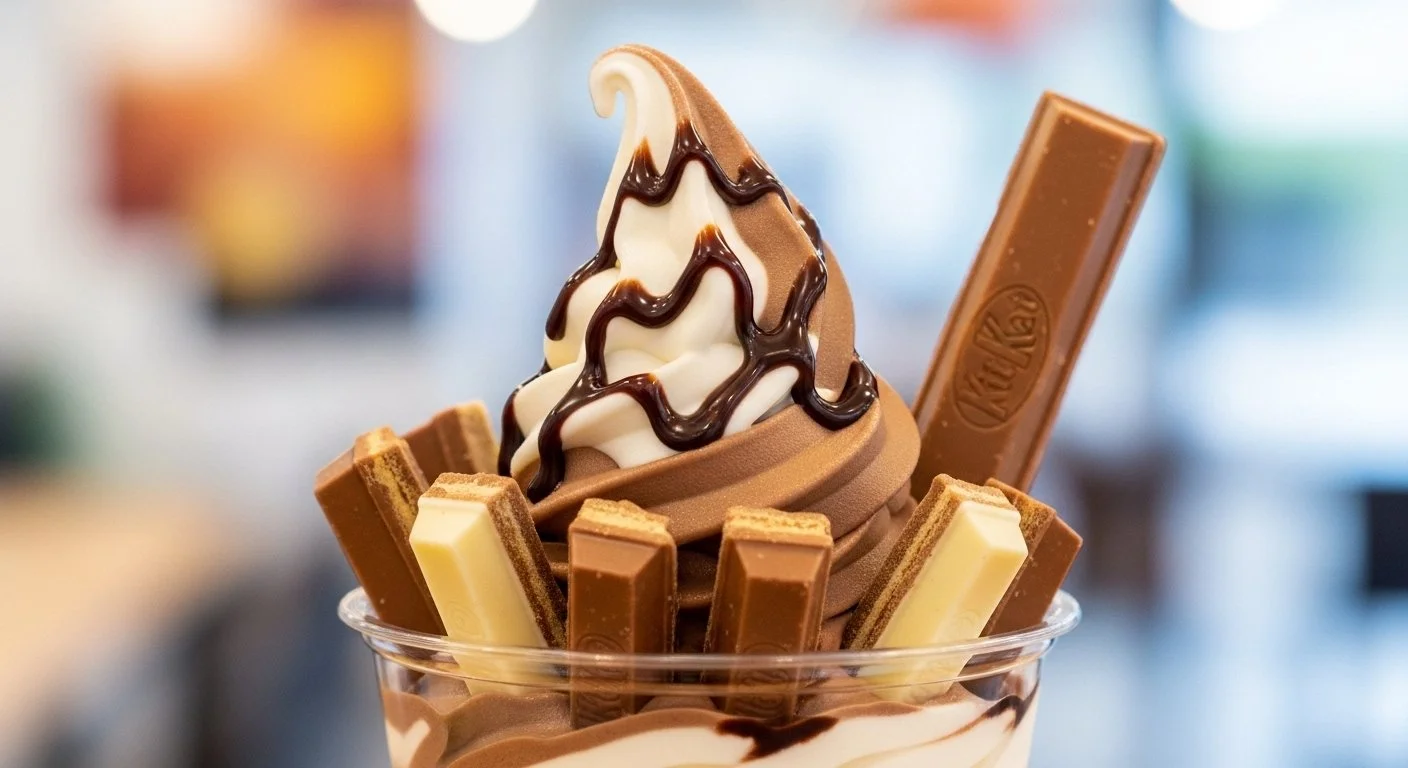 Chocolate and vanilla soft serve ice cream with chocolate drizzle in a clear cup, surrounded by Kit Kat and other chocolate bars.