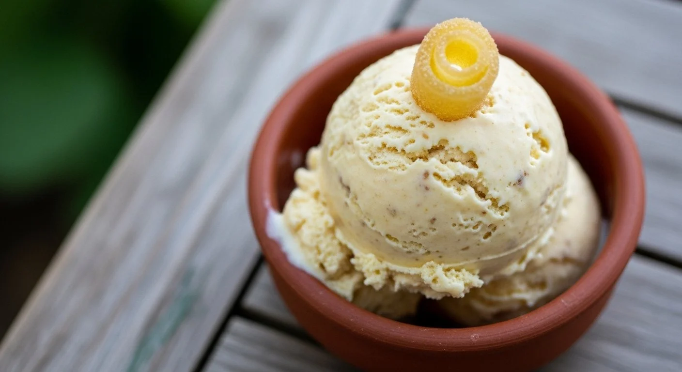 A scoop of vanilla ice cream with a rolled yellow candy on top in a small terracotta bowl.