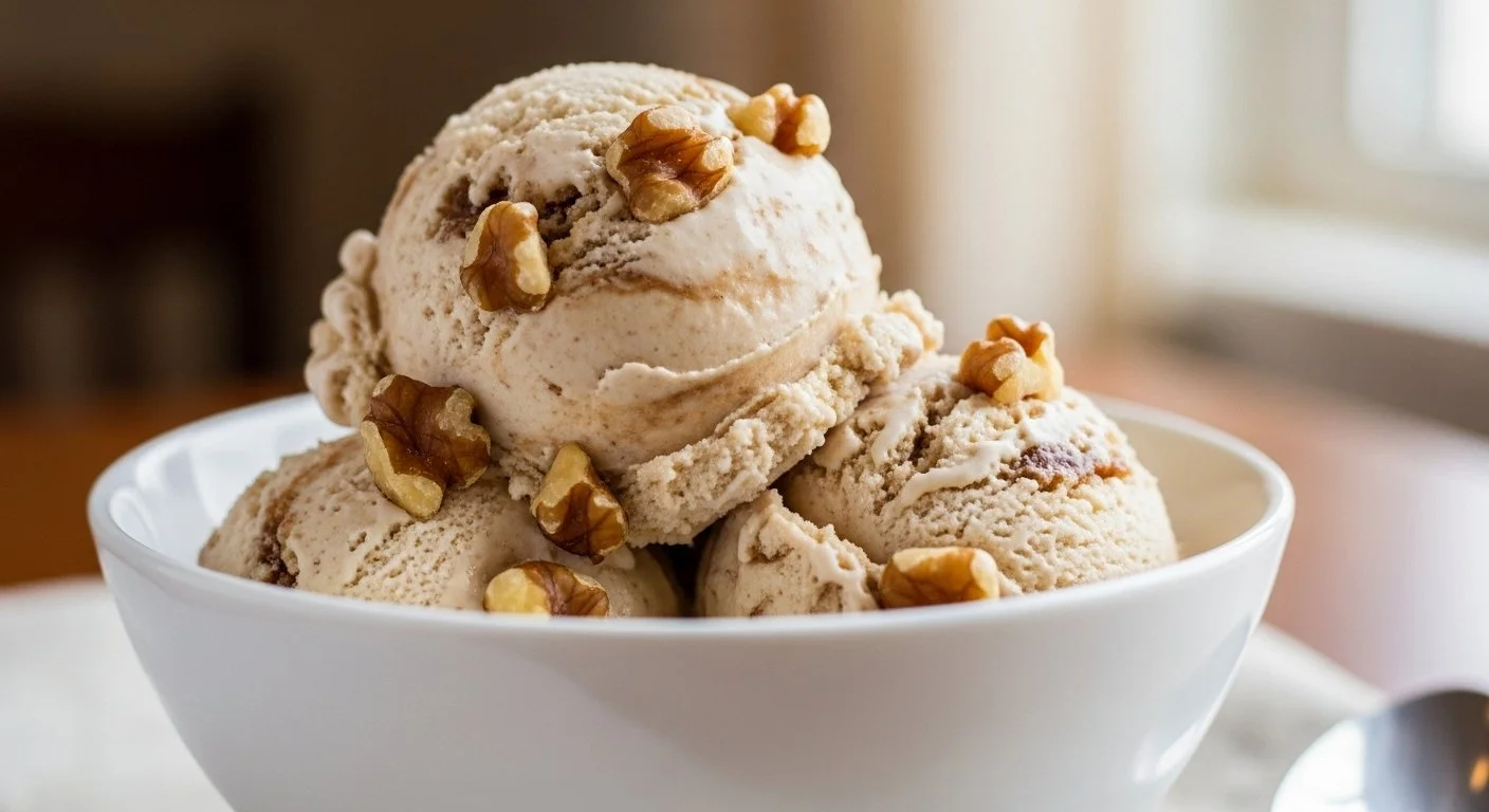 Four scoops of ice cream topped with walnuts in a white bowl.