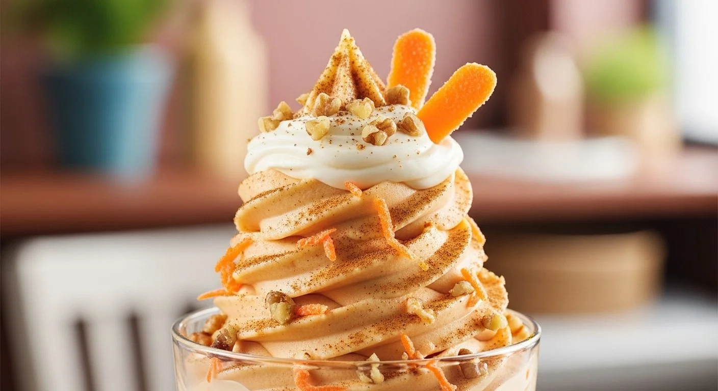 A gingerbread cookie ice cream sundae topped with whipped cream, chopped nuts, cinnamon, and orange peel, served in a glass bowl.