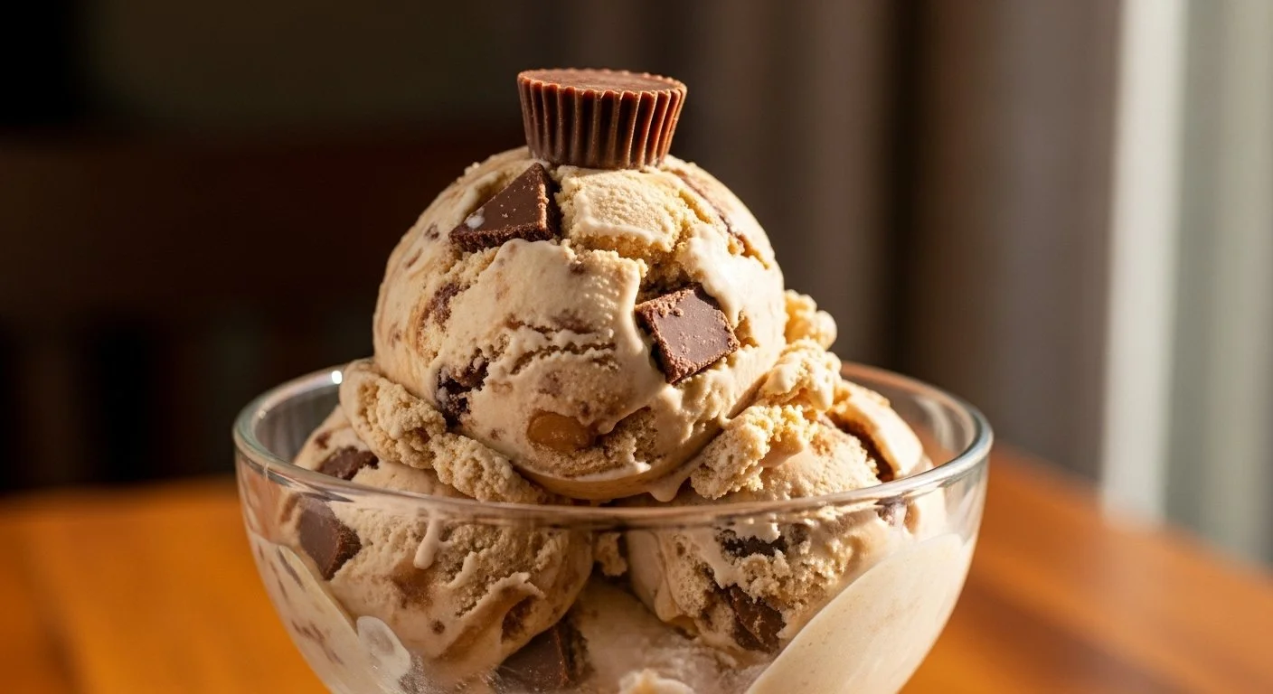A glass bowl filled with multiple scoops of cookies and cream ice cream topped with a small Reese's peanut butter cup.